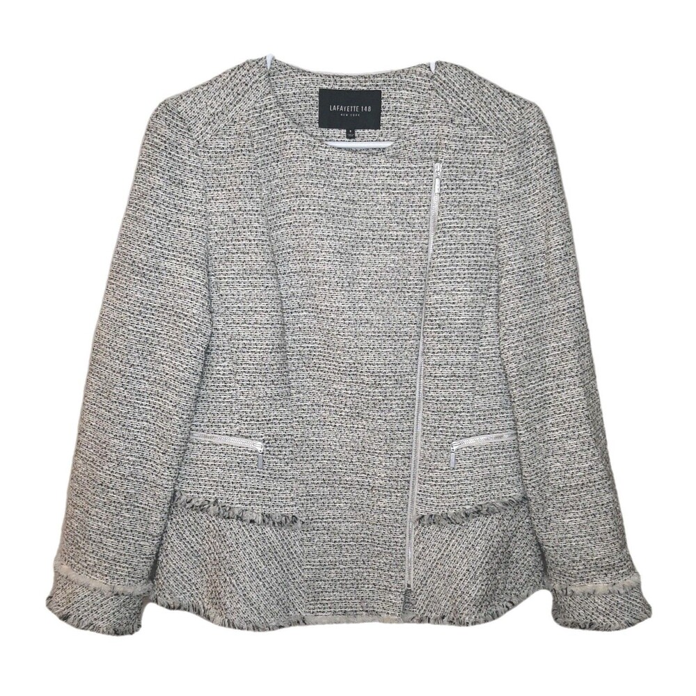 Lafayette 148 Blazer Beige Women Size 8 Zip Moto Tweed Owen Frayed Long Sleeve